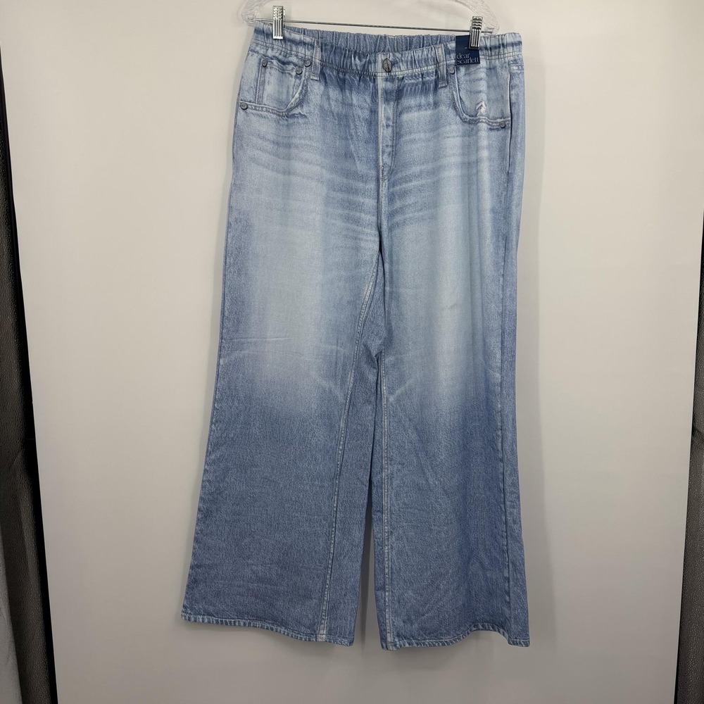Dear Scarlett Pants Womens 1X Blue Denim Wide Leg Pull On Elastic Waist Zenim